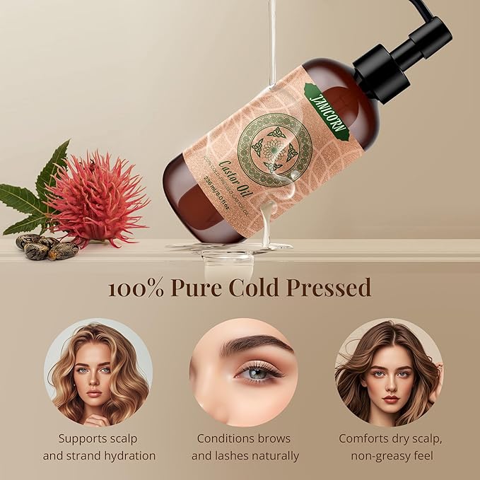 100% Pure Castor Oil – Cold-Pressed Carrier Oil for Hair, Skin, Scalp & Lashes – Nourishing Oil for Hot Oil Treatment, Brow & Nail Care, Thick Texture for Deep Moisture, 236ml / 8 fl oz