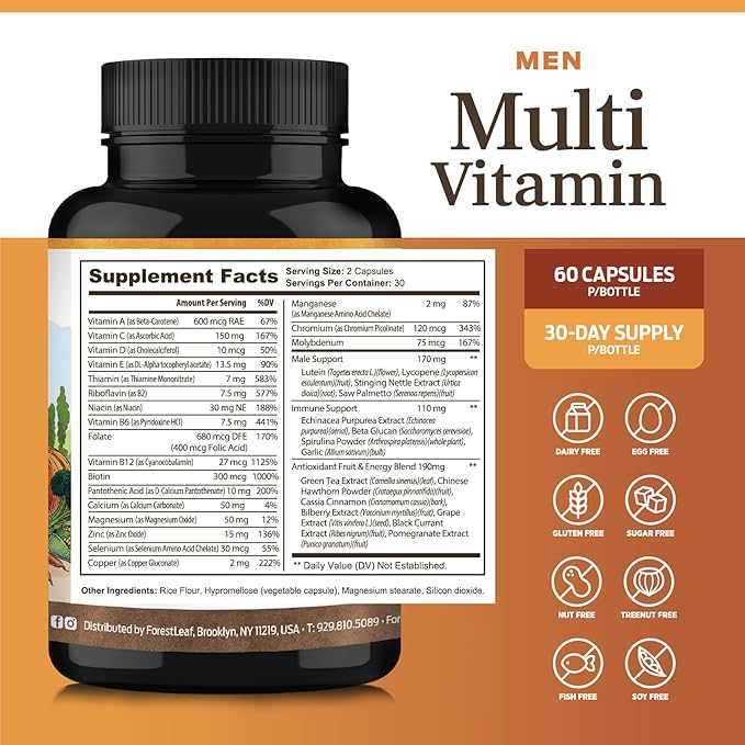 ForestLeaf Daily Vitamin Multivitamin for Men, Multi-Vitamin for Men - Mens Multivitamins & Multiminerals Supplement | All Essential Vitamins Needed for Health, Longevity & Energy | 60 Veg Caps