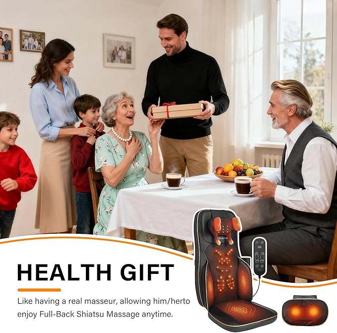 Shiatsu Neck Back Massager Chair Cushion w/Heat - Full-Back Massage Cushion with Kneading, Rolling, Vibration- Adjustable Neck Height & Intensity - Heated Seat for Home & Office