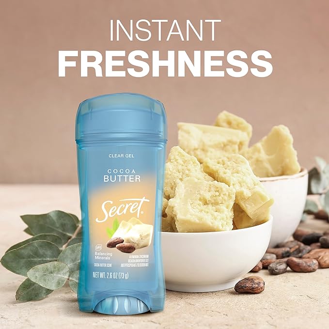 Secret Fresh Antiperspirant Deodorant for Women, 72hr Breathable Sweat & Odor Protection, Instant Freshness & Gentle, PH Balancing Minerals, Invisible Solid, Cocoa Butter Scent, 2.6 oz