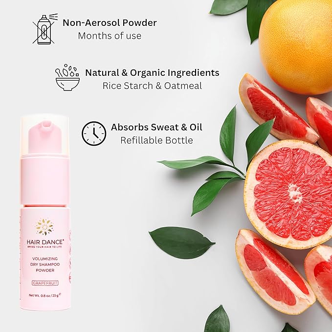 Hair Dance Dry Shampoo Powder | Non-Aerosol | Travel Size | Natural & Organic | Made in USA | No Benzene, Vegan, Cruelty Free, For All Hair Colors, Free of Talc | Grapefruit Oil Scent - 0.8 Ounce