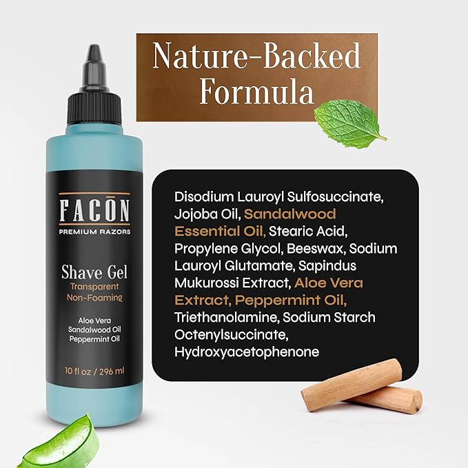 Facón Transparent Shaving Gel for Men w/Aloe Vera, Cooling Menthol, Peppermint & Sandalwood Oil Scent – Clear Non Foaming Straight Razor Shave Gel, Barber Shaving Gel to Prevent Razor Bumps, 10 fl oz