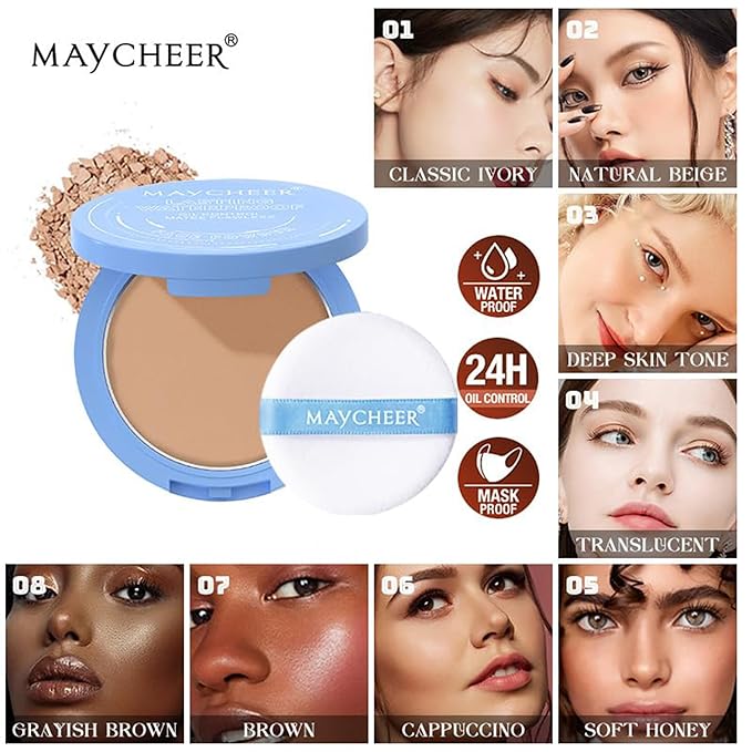 Maycheer Face Powder, Maycheer Setting Powder, Lasting Waterproof Oil Absorbing Pressed Powders Compact for Face (07# BROWN)
