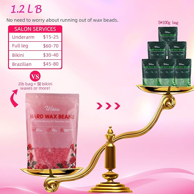 Wax Beads,1.2lb Hard Wax Beads for Hair Removal, Sensitive Skin with Rose Formula, For Face, Eyebrow, Leg, Bikini, Back, Brazilian Waxing, Waxing Beads for Beginners (Coarse Body Hair Specific)