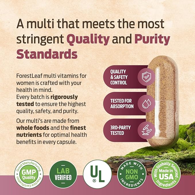 ForestLeaf Daily Vitamin Multivitamin for Women, Multi-Vitamin for Women - Womens Multivitamins & Multiminerals Supplement | All Essential Vitamins Needed for Health & Energy | 60 Veg Caps