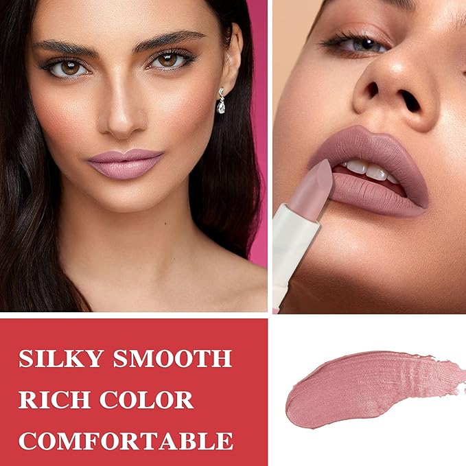 Matte Nude Lipstick,Paper Tube Lipsticks for Women,Bold & Intense Colors,Non-Stick Cup Not Fade Silky Smooth Velvet Lipgloss Set Lip Stick Matte Lipstick Lip Makeup Gifts(Pink)