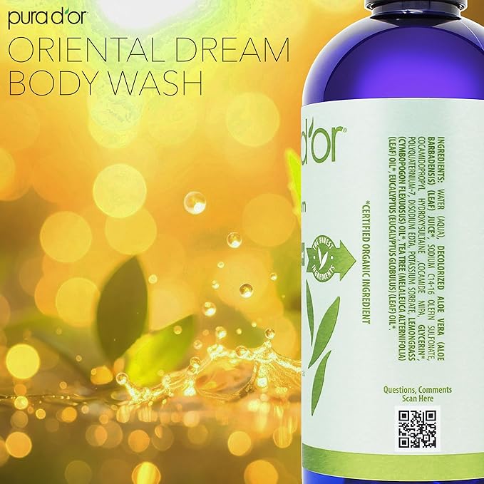 PURA D'OR 16 Oz Oriental Dream Body Wash – Invigorating Lemongrass Scent – Aloe Vera Based, Infused with Tea Tree & Eucalyptus Oils – pH Balanced, Sulfate-Free, Hypoallergenic, Vegan – For Men & Women