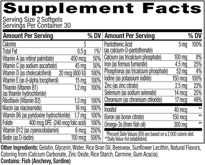 OLLY Ultra Women's Multi Softgels, Overall Health and Immune Support, Omega-3s, Iron, Vitamins A, D, C, E, B12, Daily Multivitamin, 30 Day Supply - 60 Count