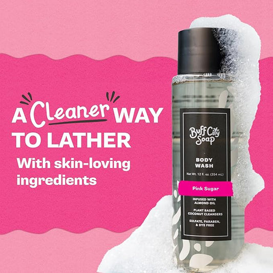 Buff City Soap Plant-Based Body Wash - Coconut Cleansers & Almond Oil Infused, Gentle & Rich Non-Drying Lather, Helps Reduce Moisture Loss & Supports Natural Skin Barrier - Pink Sugar, 12 floz