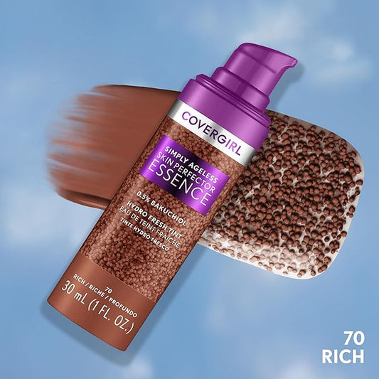 Covergirl Simply Ageless Skin Perfector Essence Foundation, 70 Rich, Tinted Skincare Makeup Hybrid, Sheer Tint, Radiant Finish, Glowy Finish, Vegan Formula, 1.0oz (Pack of 2)