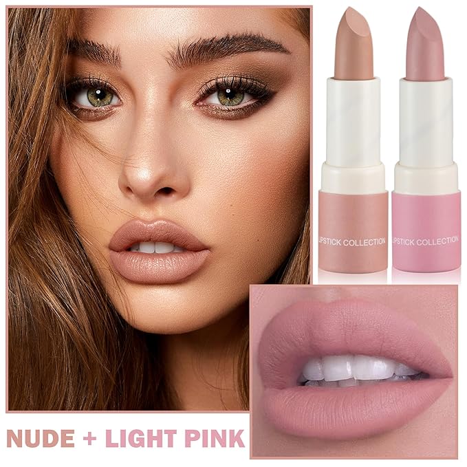2PCS Matte Nude Lipstick Set Velvet Lip Gloss Nude Lip Stain Paper Tube Lipsticks Non-Stick Cup Waterproof Long Lasting Matte Lipstick for Women Daily