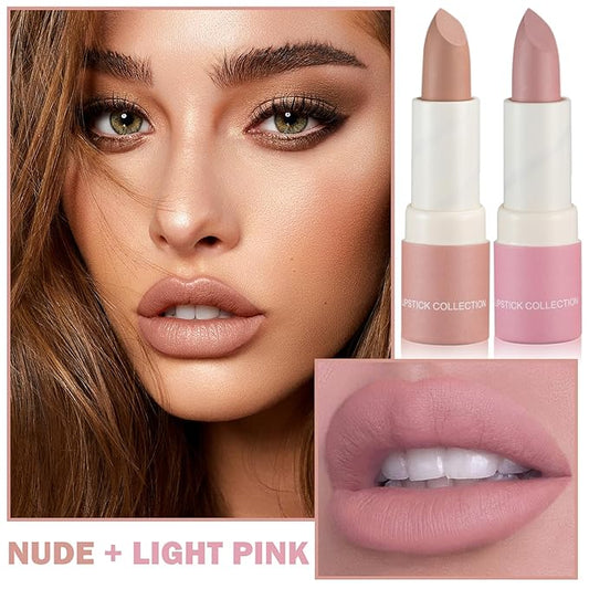 2PCS Matte Nude Lipstick Set Velvet Lip Gloss Nude Lip Stain Paper Tube Lipsticks Non-Stick Cup Waterproof Long Lasting Matte Lipstick for Women Daily