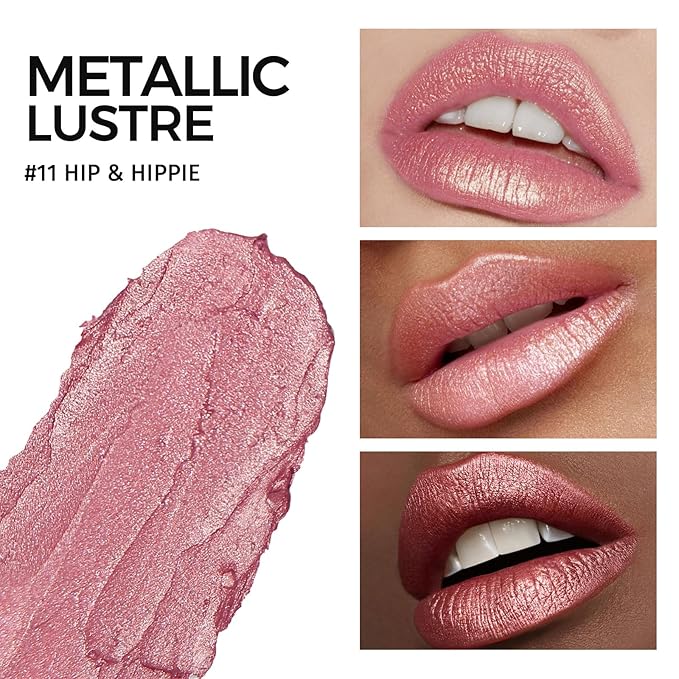 Glitter Pink Lipstick,High Impact Lipcolor,Lightweight Hydrating Formula Smooth and Non-Sticky,Metallic Lipstick For Women,Full-Coverage Lip Color (11 HIP & HIPPIE, 4g)