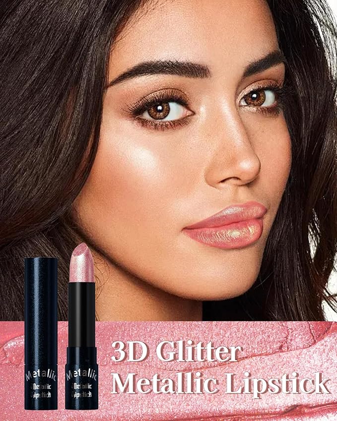 Glitter Metallic Shimmer Lipstick, Coral Pink Lipstick Long Lasting, Diamond High Pigmented Shiny Metallic Lip Stick, Non-sticky Sparkly Lipsticks for Women Christmas Makeup-02 Coral Pink