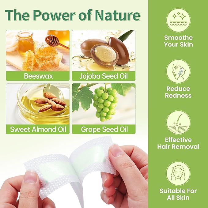 Beauty7 Facial Wax Strips-Eyebrow Wax Strips-50 Waxing Strips for Face, Lip,10 Calming Oil Wipes, Ready Use At Home Waxing Kit for All Skin Types