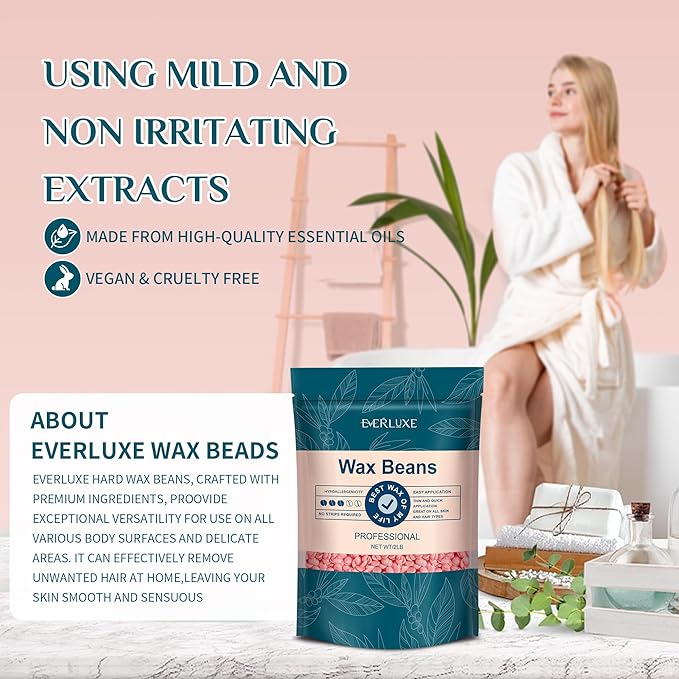 Wax Beads 2lb, Hard Wax for Hair Removal, Hypoallergenic Wax for Sensitive Skin, Facial Waxing, Brazilian, Bikini Waxing