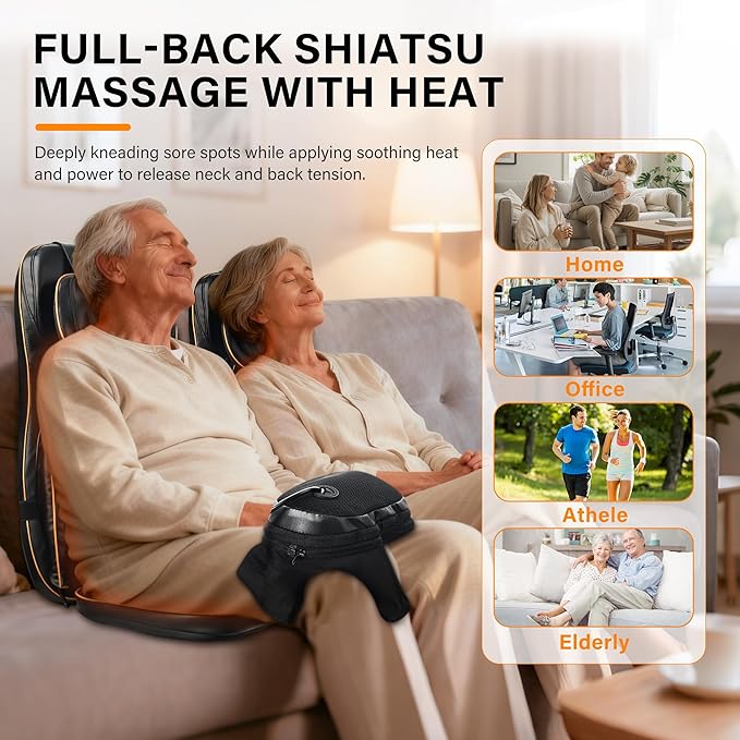 Shiatsu Neck Back Massager Chair Cushion w/Heat - Full-Back Massage Cushion with Kneading, Rolling, Vibration- Adjustable Neck Height & Intensity - Heated Seat for Home & Office