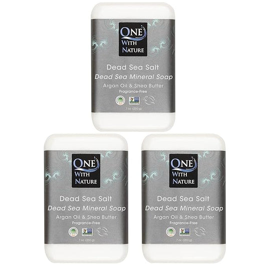 One With Nature Dead Sea Salt Soap 7oz 3-Pack – Purifying and Exfoliating Soap Bar with Dead Sea Minerals for Face & Body, for Men & Women. Unscented.