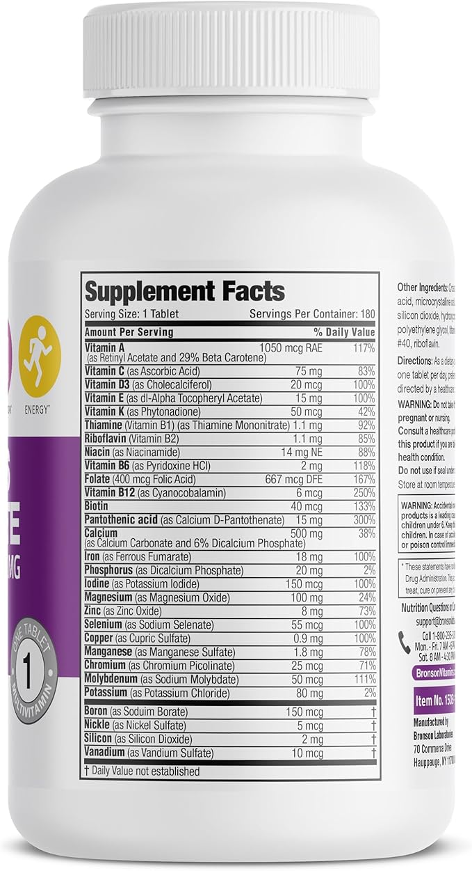 Bronson ONE Daily Women’s Complete Multivitamin Multimineral Once-Daily Multi for Active Women, 180 Tablets