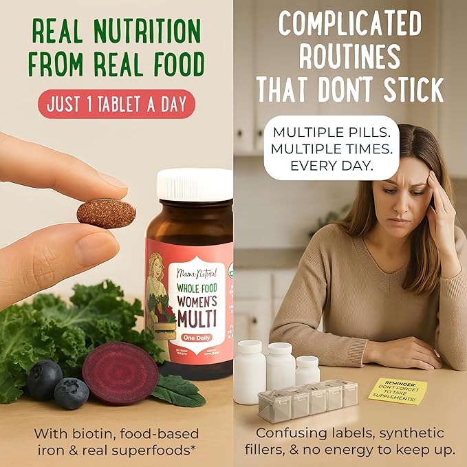 Mama Natural Organic Women's Multivitamin – Whole Food Based, 1 A Day Vegan Tablet – USDA Organic, Non-GMO, Clean Label Multivitamin for Women – 30 Day Supply with Iron & Methylated B12