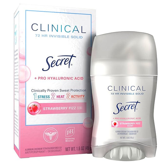 Secret Clinical Strength Antiperspirant Deodorant for Women, 3X Stress Protection, 72hr Sweat & Odor Protection, Pro-Hyaluronic Acid, Invisible Solid, Strawberry Summer Fizz Scent, 1.6 oz