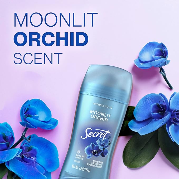 Secret Fresh Antiperspirant Deodorant for Women, 72hr Breathable Sweat & Odor Protection, Instant Freshness & Gentle, PH Balancing Minerals, Invisible Solid, Moonlight Orchid Scent, 2.6 oz