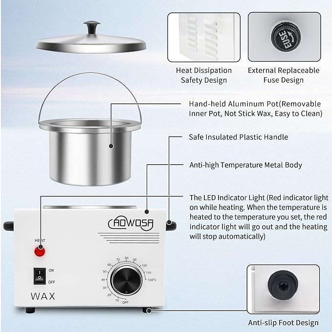 Single Professional Electric Wax Heater Machine for Hair Removal - Large Paraffin Pot with Adjustable Temperature, Facial Skin Body SPA Salon Equipment, 50 Wax Sticks Included
