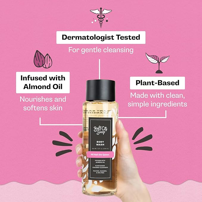 Buff City Soap Plant-Based Body Wash - Coconut Cleansers & Almond Oil Infused, Gentle & Rich Non-Drying Lather, Helps Reduce Moisture Loss & Supports Natural Skin Barrier - All Hail the Queen, 12 floz