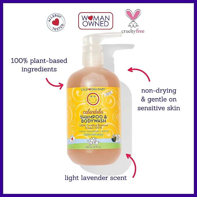 California Baby Calendula Baby Shampoo + Baby Wash | 100% Plant-Based | Soothing Lavender Body Wash For Sensitive Skin | Hypoallergenic | 562mL / 19oz
