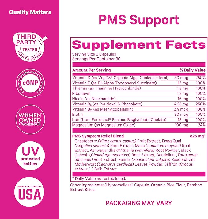 Pink Stork PMS Supplement for Women - Vitex, Ashwagandha, Maca Root & 10 Vitamins & Minerals to Support Hormone Balance, Mood, Bloating, Period Regularity - 60 Capsules
