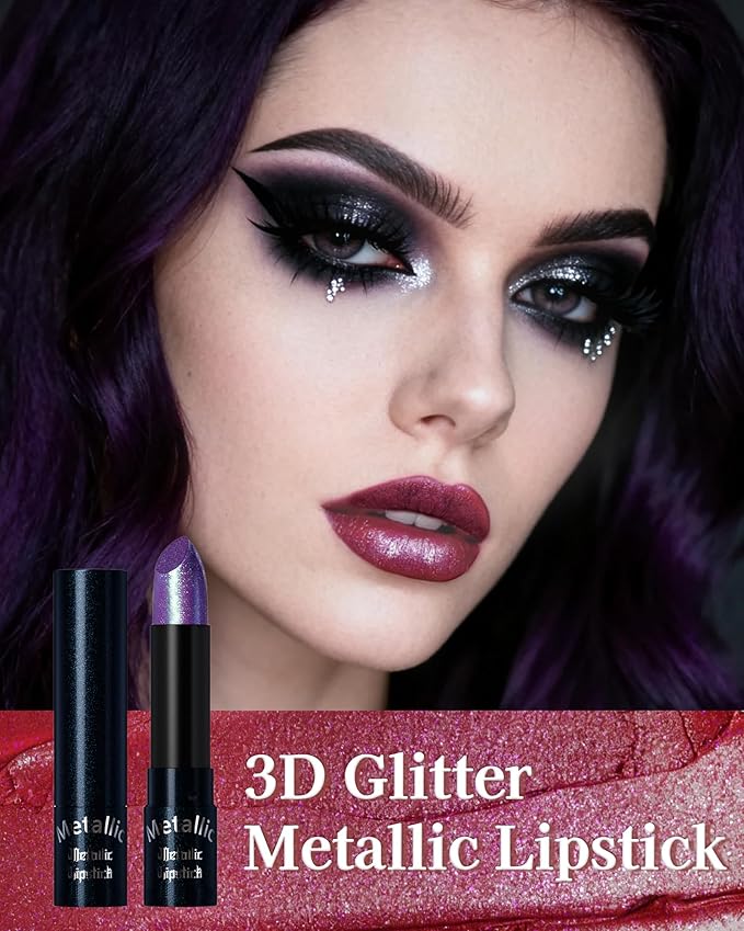 Glitter Metallic Shimmer Lipstick, Dark Plum Lipstick Long Lasting, Diamond High Pigmented Shiny Metallic Lip Stick, Non-sticky Sparkly Purple Lipsticks for Women Christmas Makeup-10 Dark Plum
