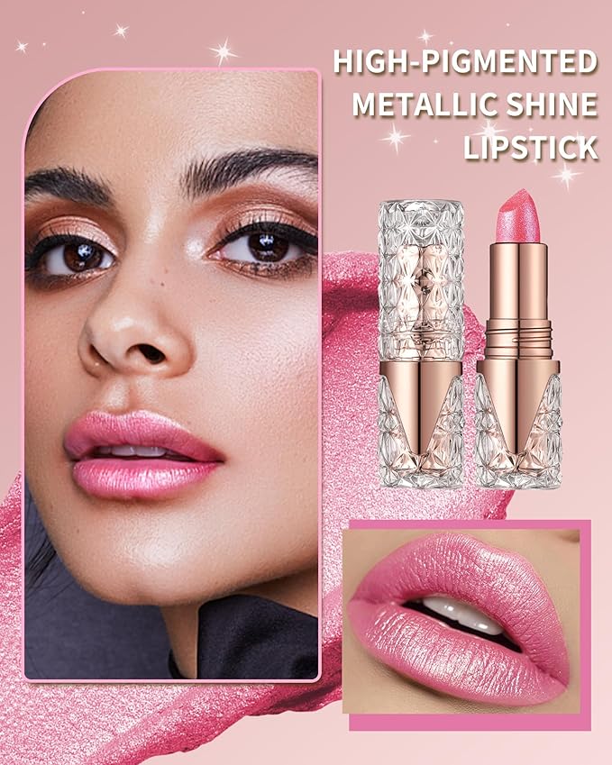 Glitter Metallic Shimmer Coral Pink Lipstick Long Lasting,Diamond High Pigmented Red Metallic Matte Liquid Lipstick Non-Stick Lip Gloss,Transferproof Lip Color Lip Stick Makeup for Women-02