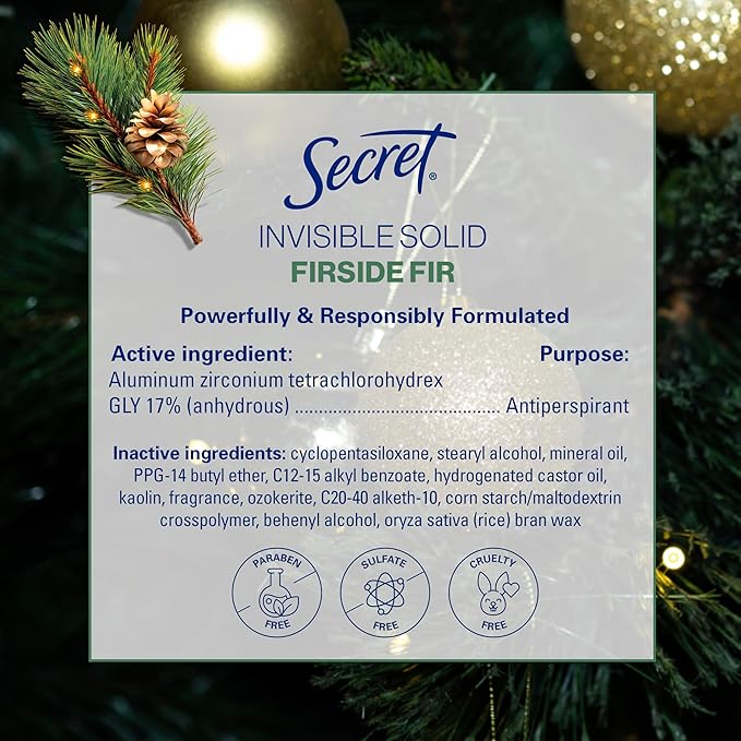Secret Fresh Antiperspirant Deodorant for Women, 72hr Breathable Odor Protection with Pro-Hyaluronic Acid, Holiday Invisible Solid, Fireside Fir with Fresh Spruce & Sandalwood Scent, 2.6 oz