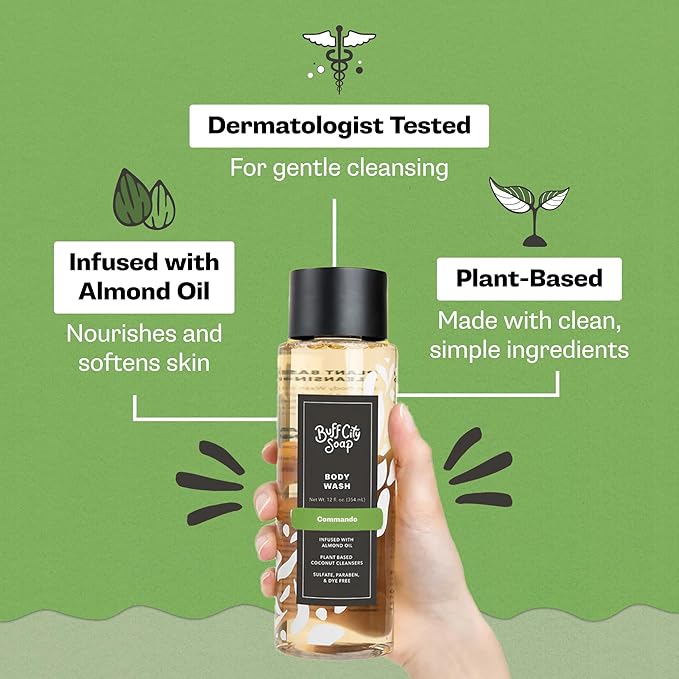 Buff City Soap Plant-Based Body Wash - Gentle Cleansing Body Wash, Coconut Cleansers Infused with Almond Oil, Dermatologist Tested, Rich Lather, Non-Drying for Women and Men - Commando, 12 fl oz