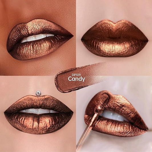Chocolate Lipsticks for Women Metallic Lipstick Long Lasting Non Stick Cup Lip Gloss, Shimmer Lightweight Hydrating Full Coverage Lip Color, DP109 Candy