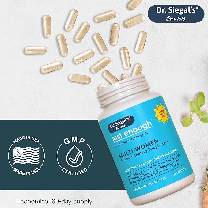 Dr. Siegal's Just Enough Multivitamins for Women - 60 Capsules - 60 Servings Women's Health Supplements - Vegetarian Multivitamin for Women - Womens Multivitamins - Women's Daily Multivitamin