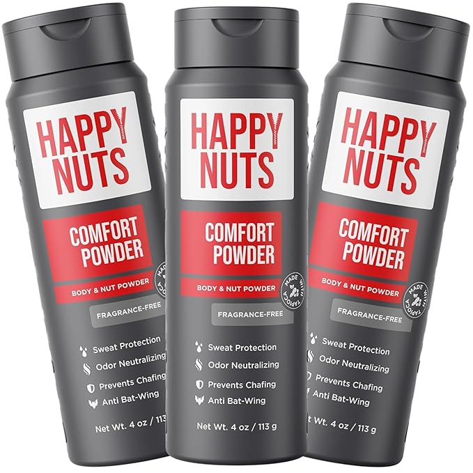 HAPPY NUTS Comfort Powder - Anti Chafing & Deodorant, Aluminum-Free, Sweat and Odor Control for Jock Itch, Groin and Men's Private Parts 4 Oz (Pack of 3), Fragrance-Free