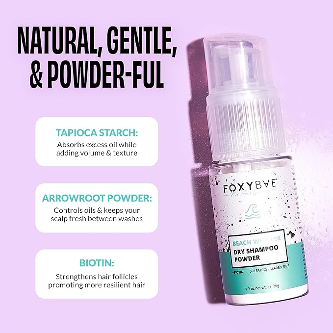 FoxyBae Dry Shampoo Powder - Non-Aerosol - with Biotin - for Dark, Brunette, Blonde, Colored Hair - Beach Whisper - 1.3 Oz with Spray Pump