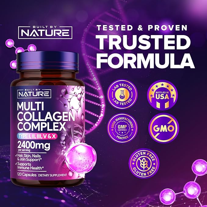 Built by Nature Collagen Pills – Multi Collagen Peptides Complex Supplement for Women – Type I, II, III, V, X for Hair, Skin, Nails, Joints & Bone Health - Hydrolyzed, Grass-Fed - 120 Capsules