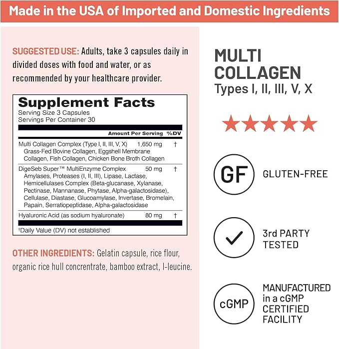 NatureWise Multi Collagen Peptides Pills for Women & Men - Type I, II, III, V, X w/Hyaluronic Acid - Supports Skin, Hair, Joint Health* - Grass Fed, Gluten Free, Non-GMO - 90 Capsules[30 Day Supply]