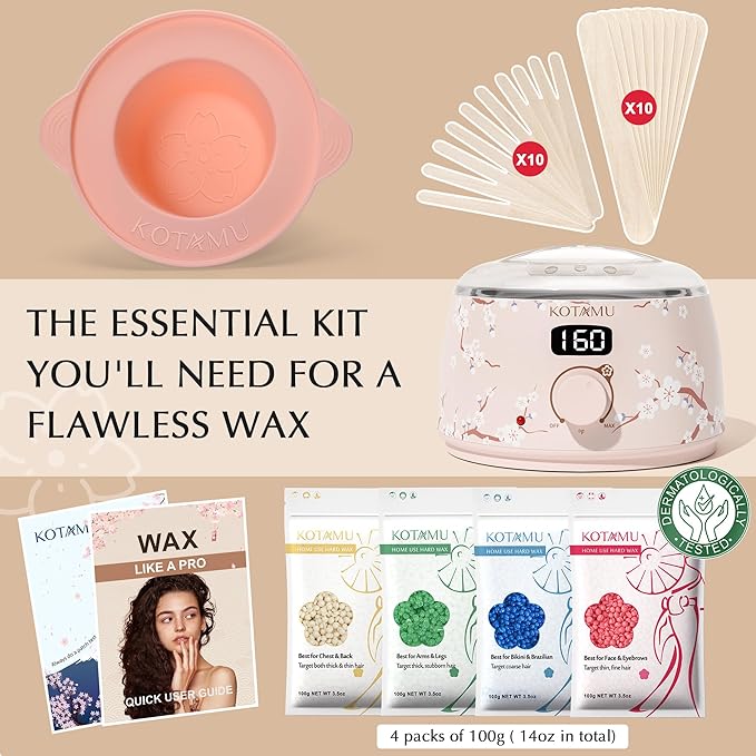 KOTAMU Waxing Kit for Women & Men, Wax Warmer for Hair Removal, Digital Wax Kit with Silicone Pot，Ideal for Face Eyebrow Arm Legs Armpit &Sensitive Skin, Waxing Machine for Home Salon Use- Cherry