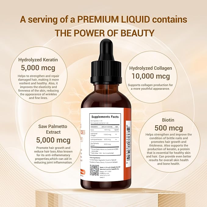 Liquid Collagen for Women, Liquid Biotin & Collagen for Radiant Skin, Hair Growth, Strong Nails, Joint Support, 20500 mcg 4-in-1 Collagen Drops, Advanced Absorption, Raspberry Flavor- 2 FL OZ