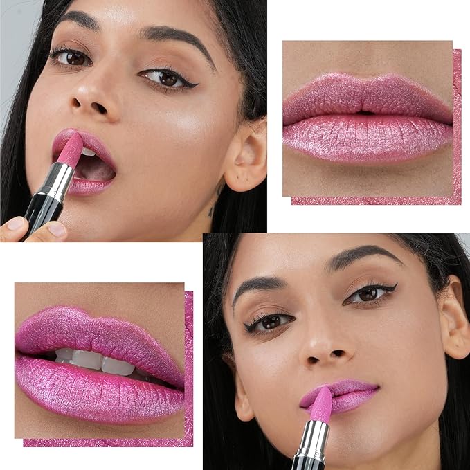 2pcs Pink Glitter Lipstick,High Impact Lipcolor,Lightweight Hydrating Formula Smooth and Non-Sticky,Metallic Lipstick For Women,Full-Coverage Lip Color