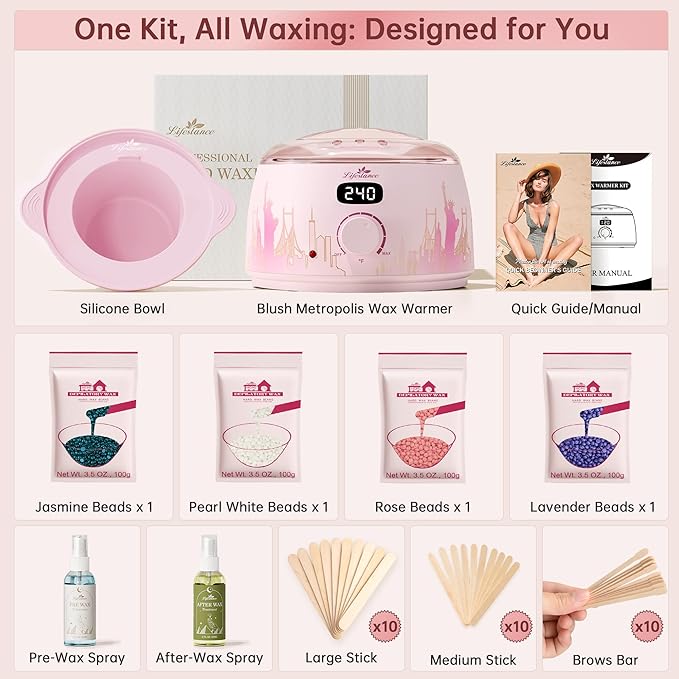 Lifestance Waxing Kit for Women & Men - L3 Blush Metropolis Digital Warmer, Silicone Wax Pot Liner, Hair Removal with 14.1oz Hard Wax Beads & Oil Spray, Professional for Home Brazilian Bikini Face Leg