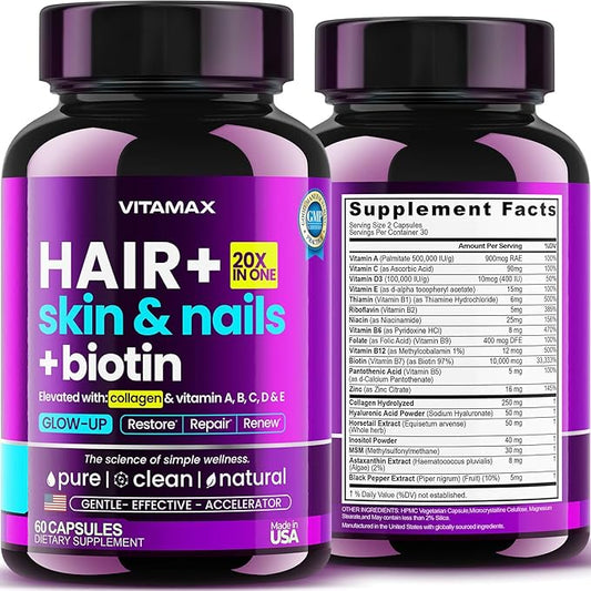 Biotin | Collagen | Keratin Booster with Hyaluronic Acid - Thicker Hair Growth, Healthy Skin & Stronger Nails Supplement – Extra Strength - Multi Vitamin B Complex - Women & Men - Made in USA - 60ct