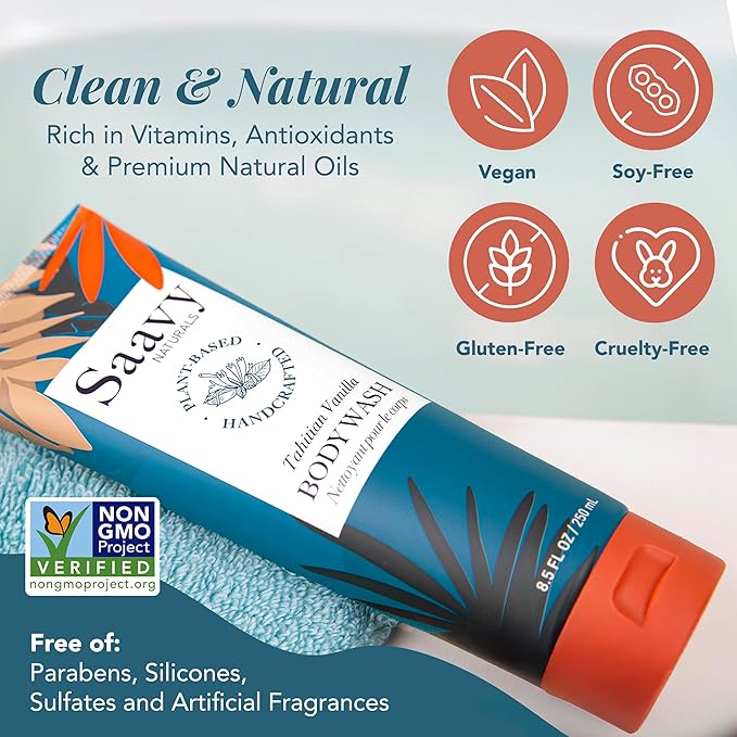 Saavy Naturals Body Wash Tahitian Vanilla Plant-Based Ingredients| Made In USA | Sensitive Skin Body Wash, l Organic & Vegan Formula With Coconut Oil, Shea Butter, And Aloe Vera - 8.5 Fl Oz, 2 Pack