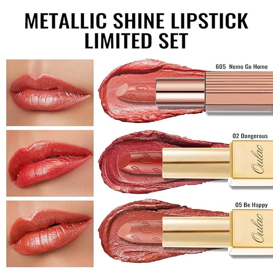 Oulac Metallic Orange Lipstick Set 3PCS, Comfortable Creamy Texture, Smooth No Grainy Feeling, Vegan & Gluten Free, Full-Coverage Lip Makeup, 3 X 4.3 g, 605+02+05