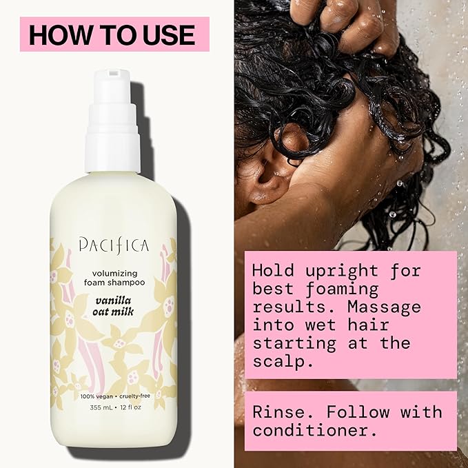 Pacifica Vanilla Oat Milk Volumizing Foam Shampoo – Weightless Foaming Shampoo for Fine or Flat Hair, Adds Volume & Body, Hydrating Oat Milk, Sulfate-Free, Vegan