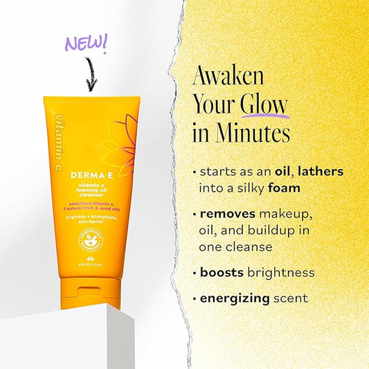 Derma E Vitamin C Foaming Oil Cleanser, 6 Fl Oz, 2-in-1 Oil-to-Foam Face Wash, Makeup Remover, Stabilized Vitamin C & Niacinamide to Help Brighten, Nourish & Strengthen Skin Barrier, Gentle Skin Care