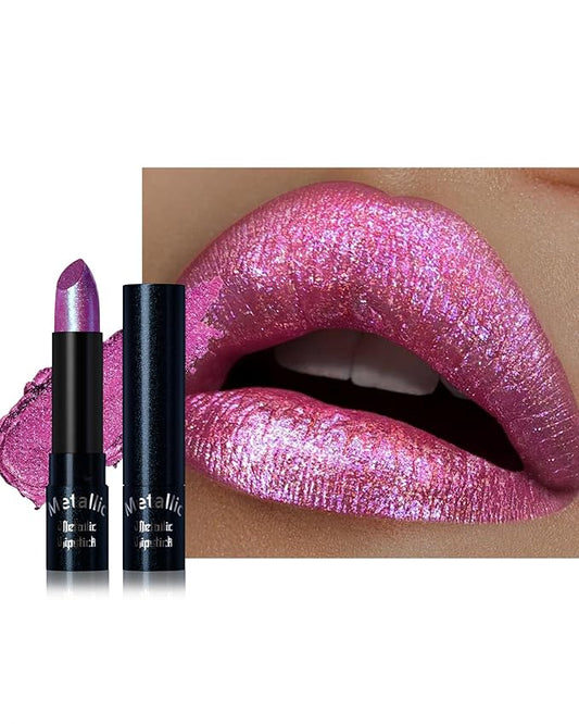 Glitter Metallic Shimmer Lipstick, Magenta Lipstick Long Lasting, Diamond High Pigmented Shiny Metallic Lip Stick, Non-sticky Sparkly Fuchsia Lipsticks for Women Christmas Makeup-07 Magenta